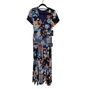 Lulus Navy Floral Maxi Wrap Dress With Short Sleeves & V-Neckline